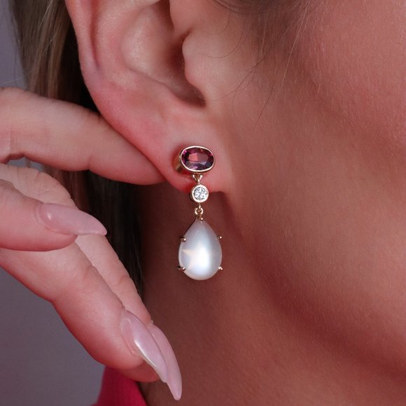 18k Yellow Gold Tourmaline, Diamond and Moonstone Earrings - Picture 2 of 4